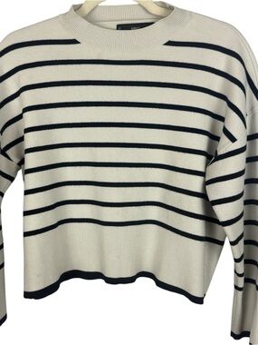 MANGO MNG Striped Knit Crop Sweater Cream Black Medium